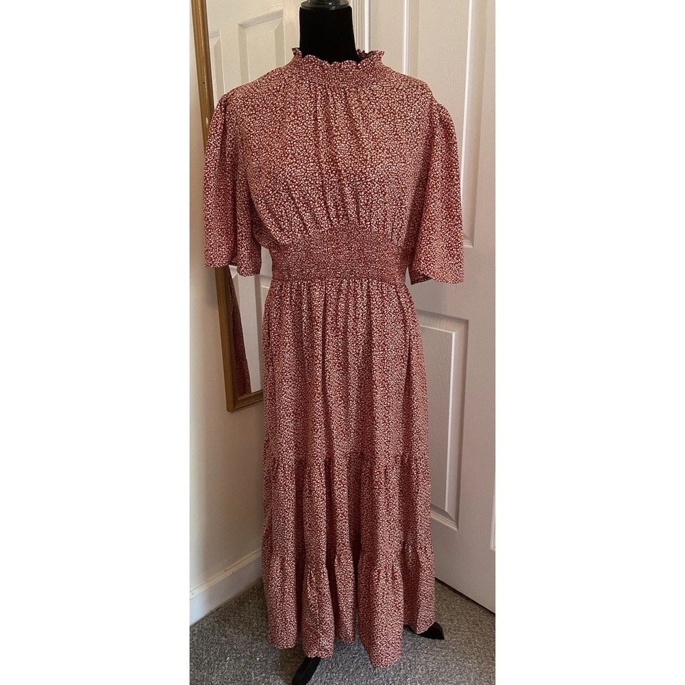 Lucy Avenue Maxi Dress Large Orange Floral, Boho, Peasant, Tiered, Smocked, Fall